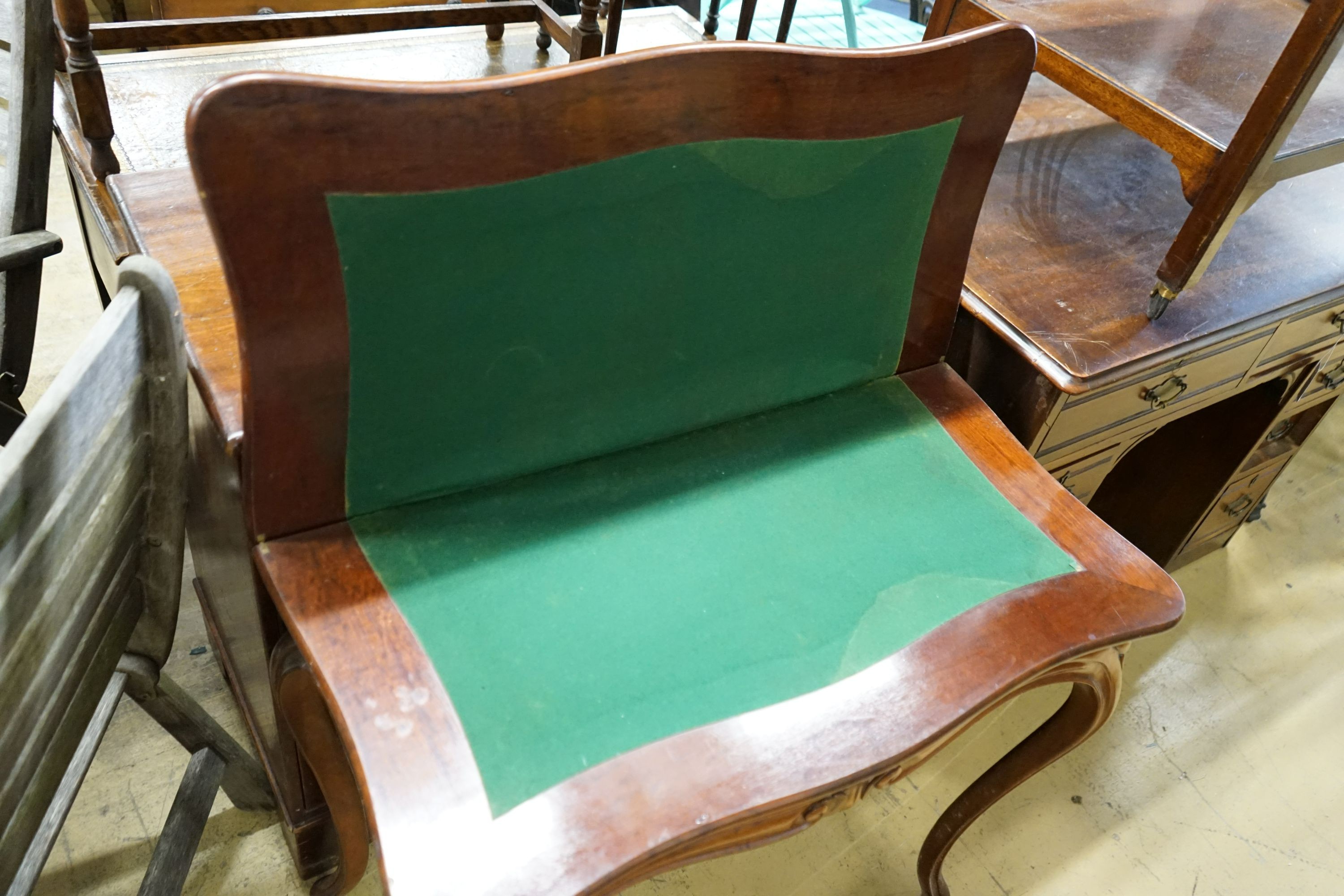 A mahogany French folding card table, width 84cm, depth 43cm, height 75cm